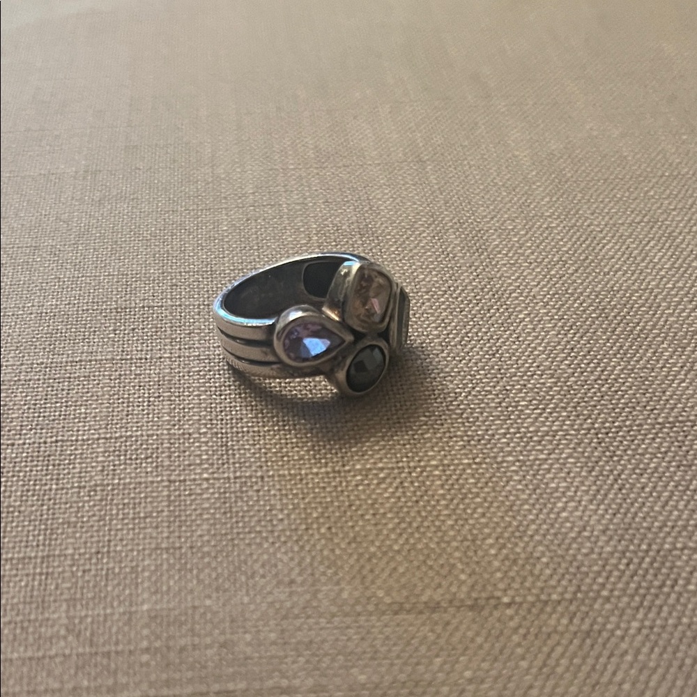 Multi-Stone Silver Cocktail Ring - Clear, Black, … - image 3